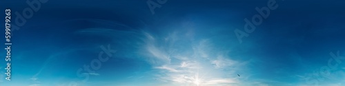 Sunset sky panorama with bright glowing pink Cirrus clouds. HDR 360 seamless spherical panorama. Full zenith or sky dome for 3D visualization, sky replacement for aerial drone panoramas.