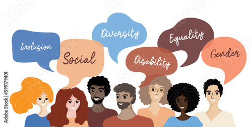 Group of people multi ethnic races with chat bubbles. Diversity and inclusion concept. Racial equality and anti-racism. Gender and age diversity. Multicultural society. Vector illustration