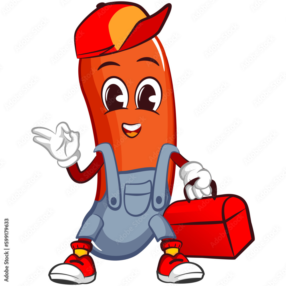vector mascot character illustration of an all-purpose handyman sausage wearing a hat and carrying a toolbox vector mascot character illustration of an all-purpose handyman sausage wearing a hat and carrying a toolbox