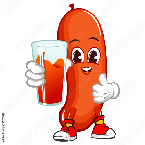 vector mascot character illustration of a sausage bring a juice drink