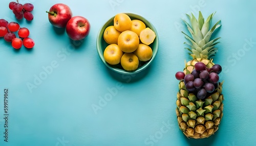 Flat lay of pineapples  berries  apples and grapes on pastel blue backdrop with copy space