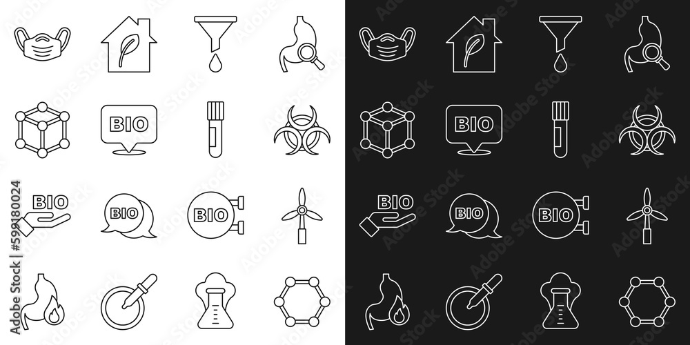 Set line Molecule, Wind turbine, Biohazard symbol, Funnel or filter, healthy food, Medical protective mask and Test tube and flask icon. Vector Set line Molecule, Wind turbine, Biohazard symbol, Funnel or filter, healthy food, Medical protective mask and Test tube and flask icon. Vector