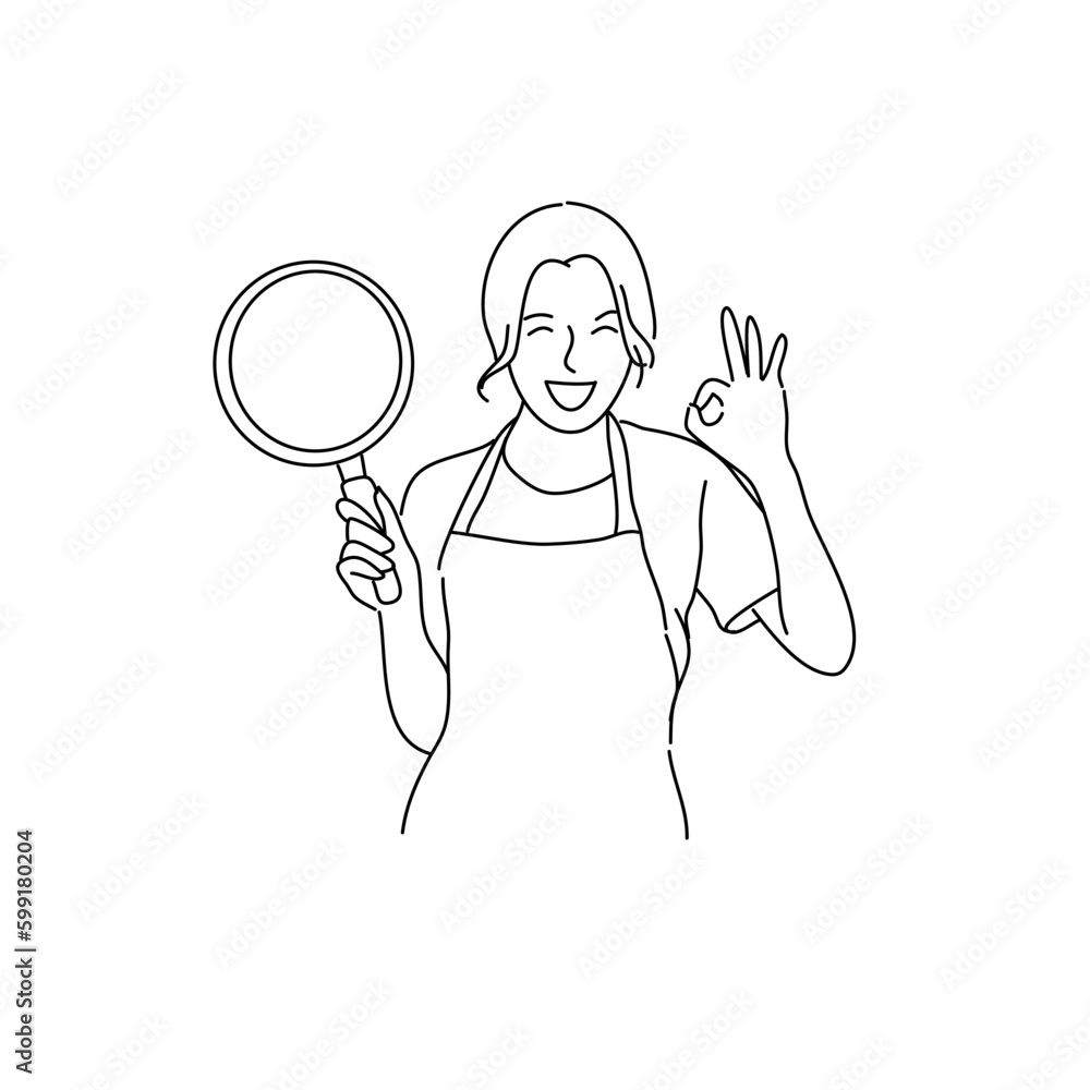 young woman chef holding frying pan isolated on white background showing okay gesture.Hand drawn illustration. young woman chef holding frying pan isolated on white background showing okay gesture.Hand drawn illustration.