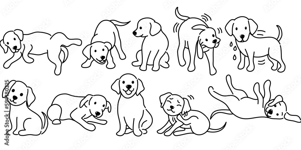 Doodle Cartoon dog illustration set in different poses. Cute sitting, running and lying vector dog isolated on white background Doodle Cartoon dog illustration set in different poses. Cute sitting, running and lying vector dog isolated on white background