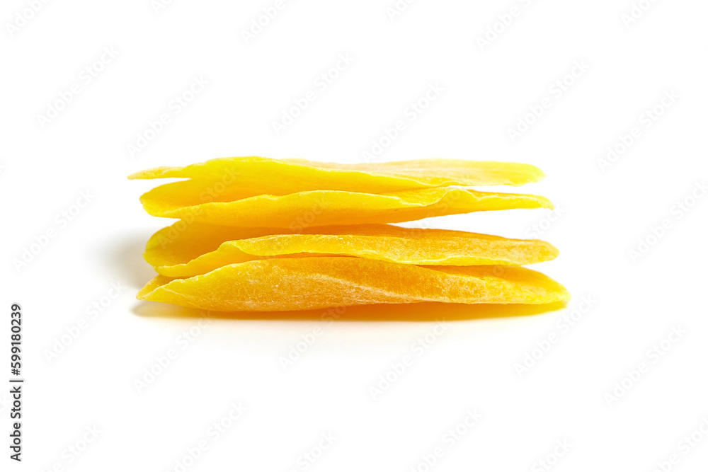 Dried mango slices isolated on white background. Stack of dehydrated fruit chips. Candied mango Dried mango slices isolated on white background. Stack of dehydrated fruit chips. Candied mango