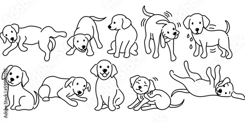 Doodle Cartoon dog illustration set in different poses. Cute sitting, running and lying vector dog isolated on white background