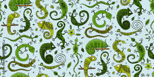 Lizard characters, jungle animal. Chameleon seamless pattern for your design