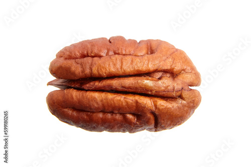 Peeled pecan nut isolated on a white background, top view. Single pecan seed half