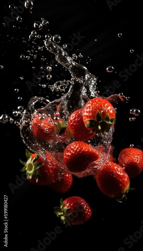 tropical fruits strawberries fall deeply under water with a big splash