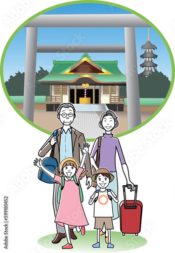 高齢夫婦と孫で寺社仏閣を訪れる観光客