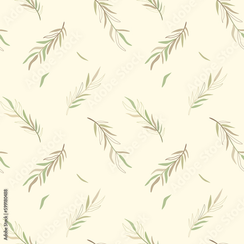 Vector illustration, Seamless pattern, olive leaves in pastel green-beige tones on a beige background. Wallpaper, fabric, textile, packaging, product design.