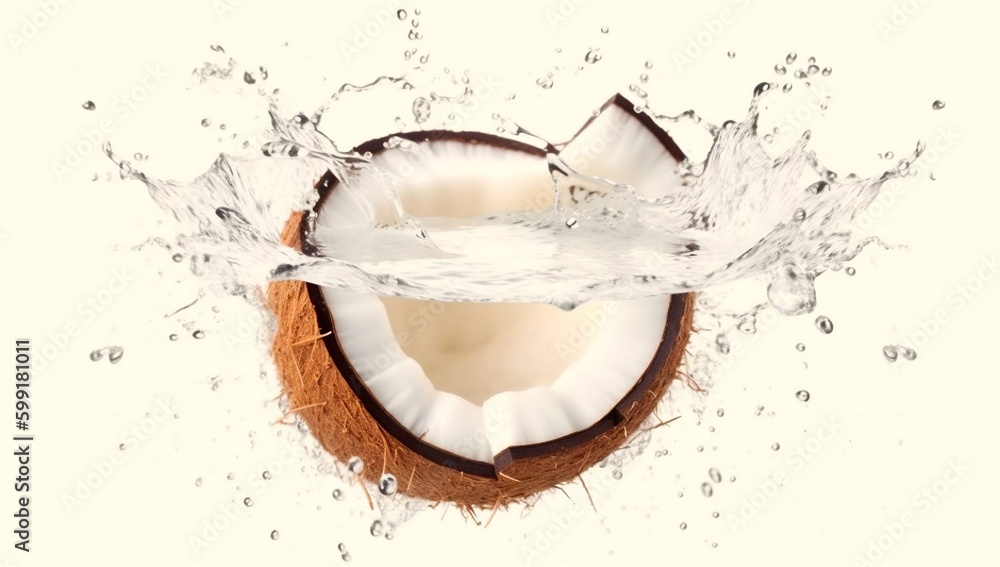 Isolated white background with a flat lay of coconut juice splash in half fruit Isolated white background with a flat lay of coconut juice splash in half fruit