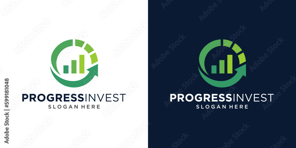 Circle progress logo design with financial logo creative arrow and diagram investment design graphic vector illustration. Symbol, icon, creative. - obrazy, fototapety, plakaty 