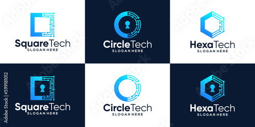 Collection of technology connection logo design with abstract dot, Blockchain, molecule and system and key hole graphic design vector illustration. Security technology symbol, icon, creative.
