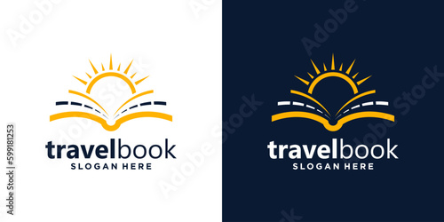 Open book logo design with street and sun logo design graphic vector illustration. Symbol , icon, creative.