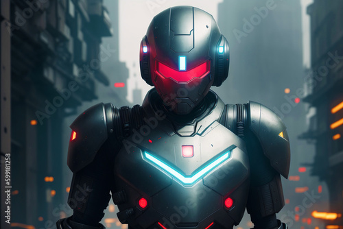 Close up of a robot standing on the background of a futuristic city. Humanoid. Cyborg. Digital art, Fantasy art, Anime, Generative AI