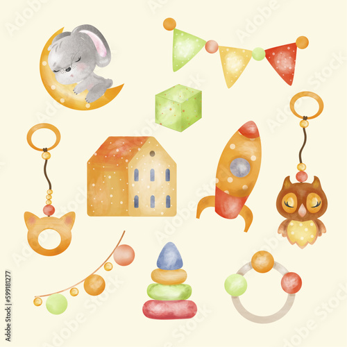 Set of vintage children's toys watercolor