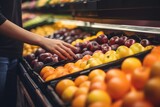 Vegetables and fruits on shelf in supermarket, one hands pick up fruit