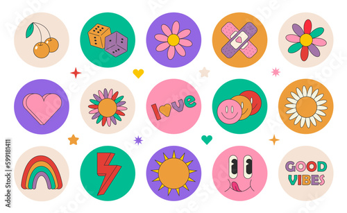 Groovy hippie 70s set. Funny cartoon flower, rainbow, peace, Love, heart, daisy, mushroom etc. Sticker pack in trendy retro psychedelic cartoon style. Isolated vector illustration. Flower power.