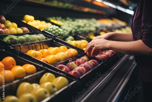 Obraz na plátně Vegetables and fruits on shelf in supermarket, one hands pick up fruit