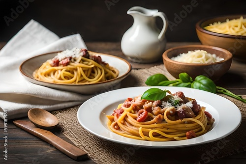 A mouth-watering plate of Pici all aglione  a Tuscan pasta dish with a flavorful garlic sauce. Generated by AI 