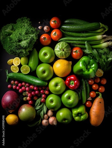 fresh vegetables and fruits lined up in a row with dark background