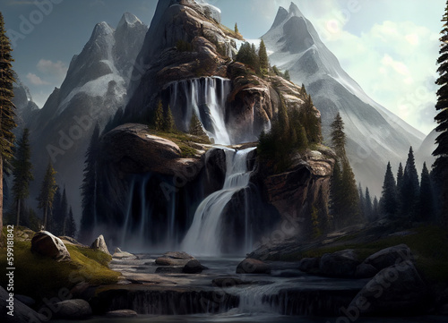  A Breathtaking Winter View of a Waterfall Descending from the Mountain Forest and Nature Scenery, Weaving a Tapestry of Ice and Snow into the Lake below