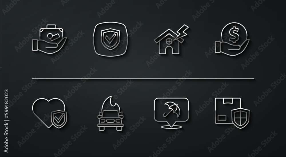 Set line Travel suitcase in hand, Life insurance with shield, Money, Umbrella, Burning car, Shield, Delivery security and House lightning icon. Vector Set line Travel suitcase in hand, Life insurance with shield, Money, Umbrella, Burning car, Shield, Delivery security and House lightning icon. Vector
