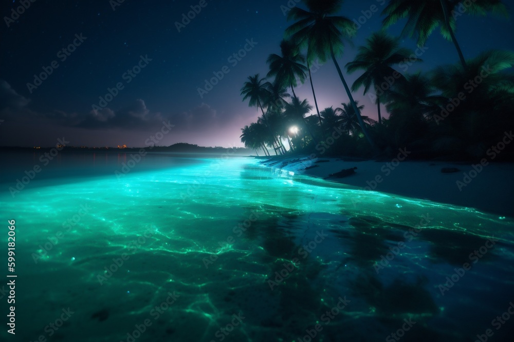 vacation beach palm tree ocean sky luminous tropical blue night paradise. Generative AI.