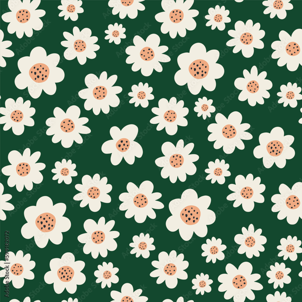 Seamless floral pattern. Blue daisy tiny flowers. Hand drawn Botanical texture. Vector green background - obrazy, fototapety, plakaty 