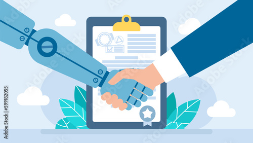 Cooperation with Artificial Intelligence. Ai robot and businessman handshake together. Concept of partnership with artificial intelligence, agreement of the parties, documents. Vector illustration 