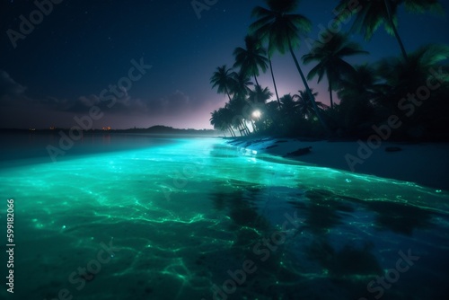 vacation beach palm tree ocean sky luminous tropical blue night paradise. Generative AI.