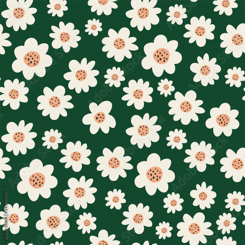 Seamless floral pattern. Blue daisy tiny flowers. Hand drawn Botanical texture. Vector green background