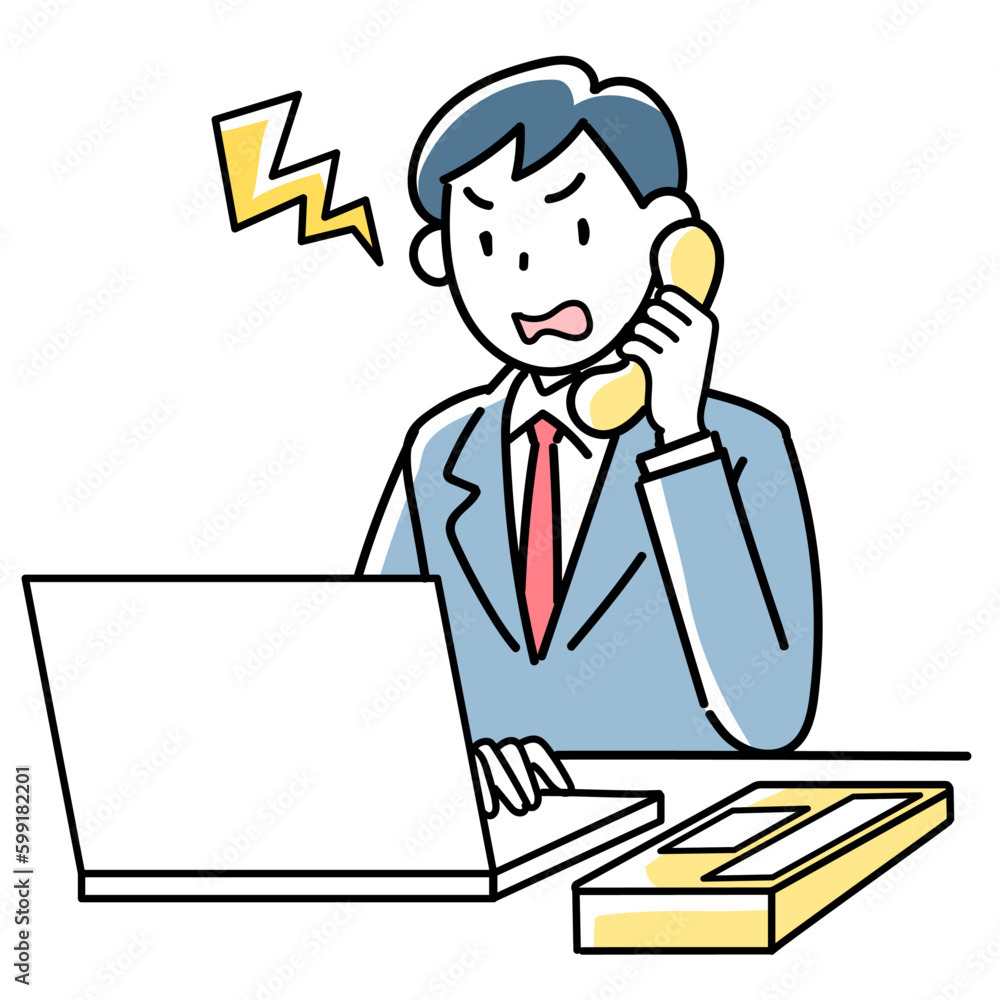 パソコンを見ながら怒った表情で電話対応するビジネスマン パソコンを見ながら怒った表情で電話対応するビジネスマン
