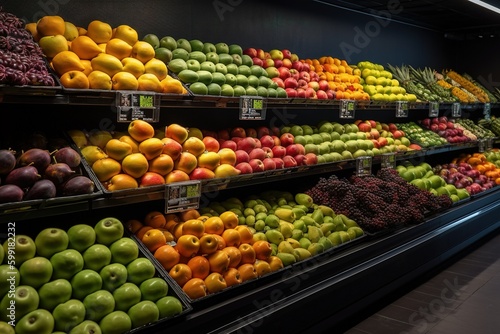 Vegetables and fruits on shelf in supermarket