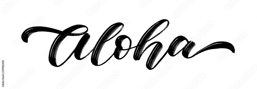 ALOHA text. Summer word Aloha Hawaii quote. Brush Calligraphy text aloha.  Hand Lettering Design. Summer print for girls t shirt, tee, poster.  Tropical Vector illustration phrase on white background. Stock-Vektorgrafik  | Adobe