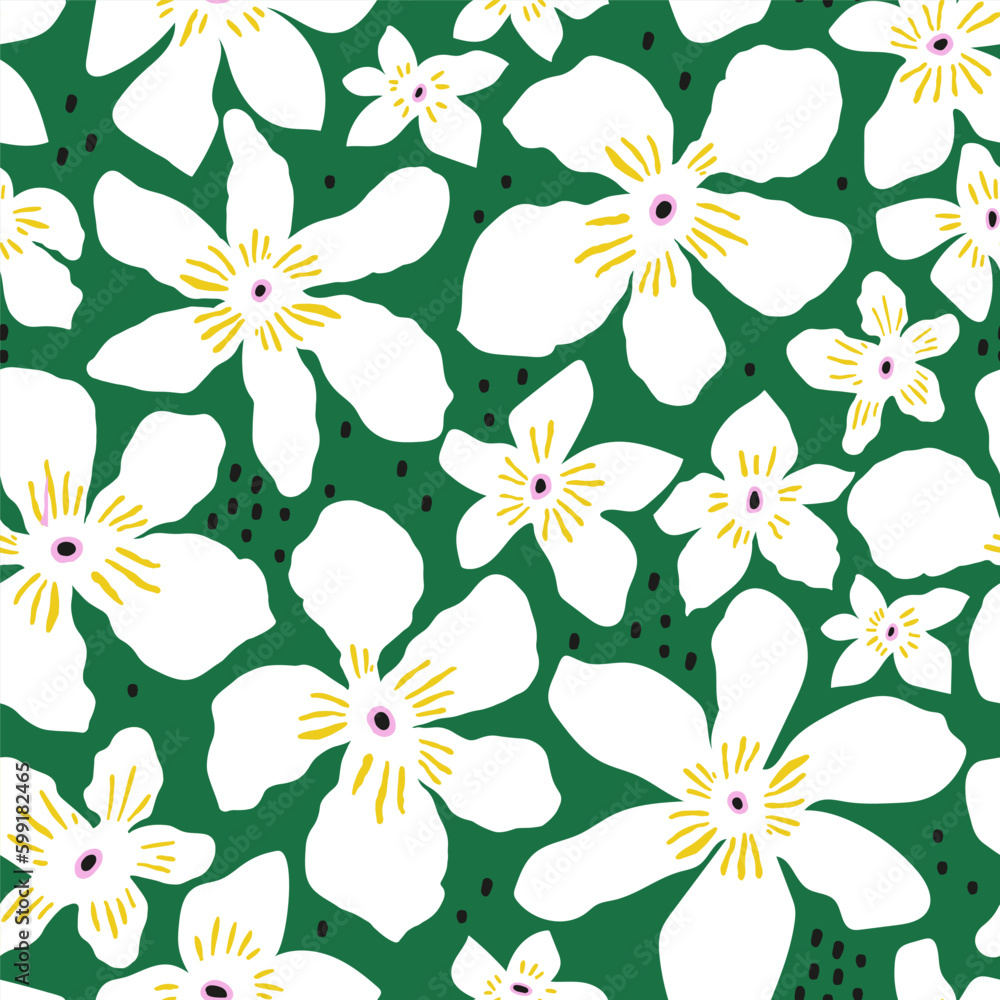 Seamless jungle floral pattern. Hand drawn white tropical flowers on green. Vector texture for fabric, textile, wallpaper. Seamless jungle floral pattern. Hand drawn white tropical flowers on green. Vector texture for fabric, textile, wallpaper.