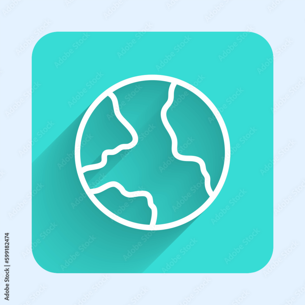 White line Worldwide icon isolated with long shadow background. Pin on globe. Green square button. Vector White line Worldwide icon isolated with long shadow background. Pin on globe. Green square button. Vector