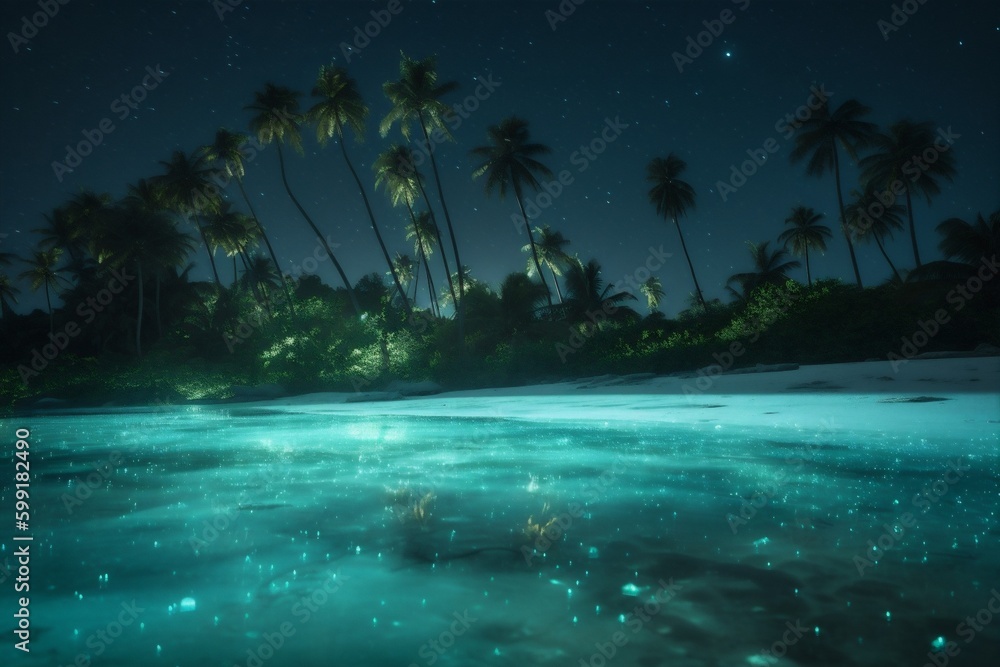 tropical luminous paradise blue vacation sky night tree beach palm ocean. Generative AI. tropical luminous paradise blue vacation sky night tree beach palm ocean. Generative AI.
