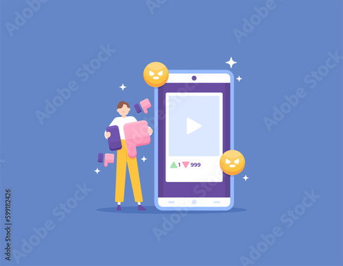 getting a lot of dislikes. bad content and many dislikes. an audience gives a thumbs down to a content. videos and images. audience feedback. social media. illustration concept design. vector elements