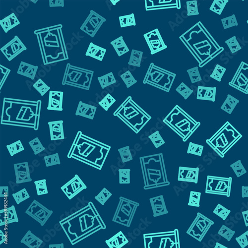 Green line Guillotine medieval execution icon isolated seamless pattern on blue background. Vector