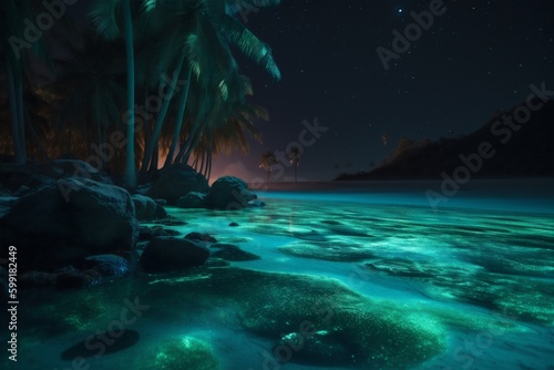 beach ocean paradise palm night tropical blue sky tree luminous vacation. Generative AI.