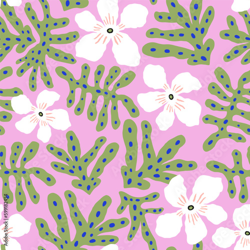 Seamless tropical pattern with leaves and jungle flowers. Summer creative texture for fabric, textile. Vector illustration