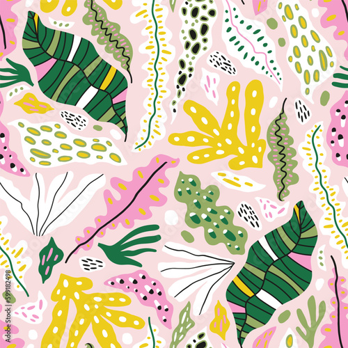 Seamless botanical pattern with abstract tropical leaves and shapes. Summer pastel jungle florals design. Great for fabric, textile, wrapping paper, wallpaper. Vector texture