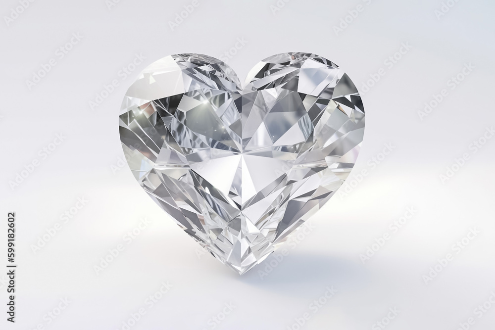 A dazzling white crystal heart sits elegantly on a pristine white surface, its shimmering facets capturing the light and radiating a sense of purity and beauty. generative AI.