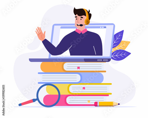 Male teacher conduct lessons online concept of Webinar, digital classroom, online teaching
