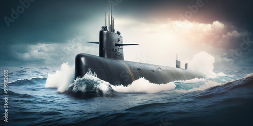 Generic military nuclear submarine floating in the middle of the ocean while shooting an undersea torpedo missile, wide banner with copy space area, generative AI