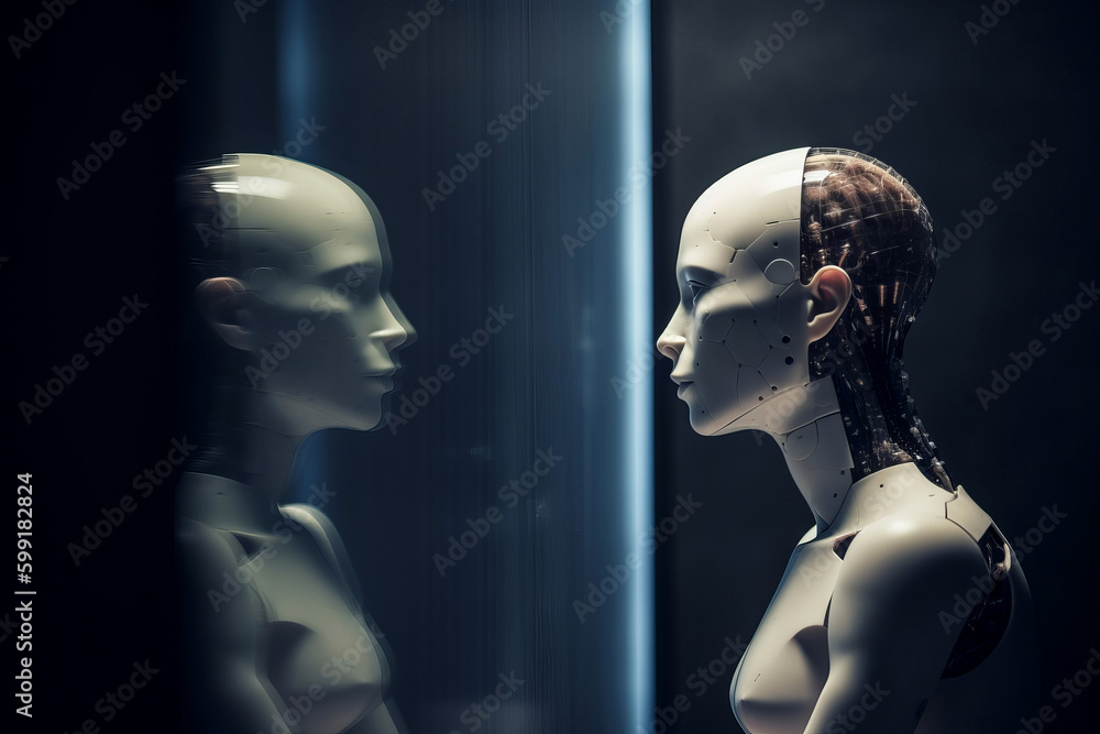 A modern robot looking at its own reflection. Generative ai A modern robot looking at its own reflection. Generative ai