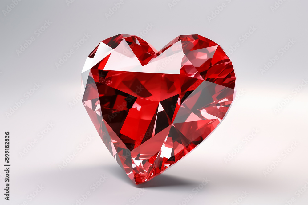 A mesmerizing red crystal heart sculpture, expertly crafted to resemble a delicate and intricate work of art, set against a pure white background. generative AI.
