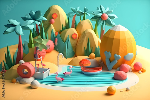Summer landscape 3D cartoon style, sparkling shapes, cheerful colors, blue background. With Generative AI tehnology
